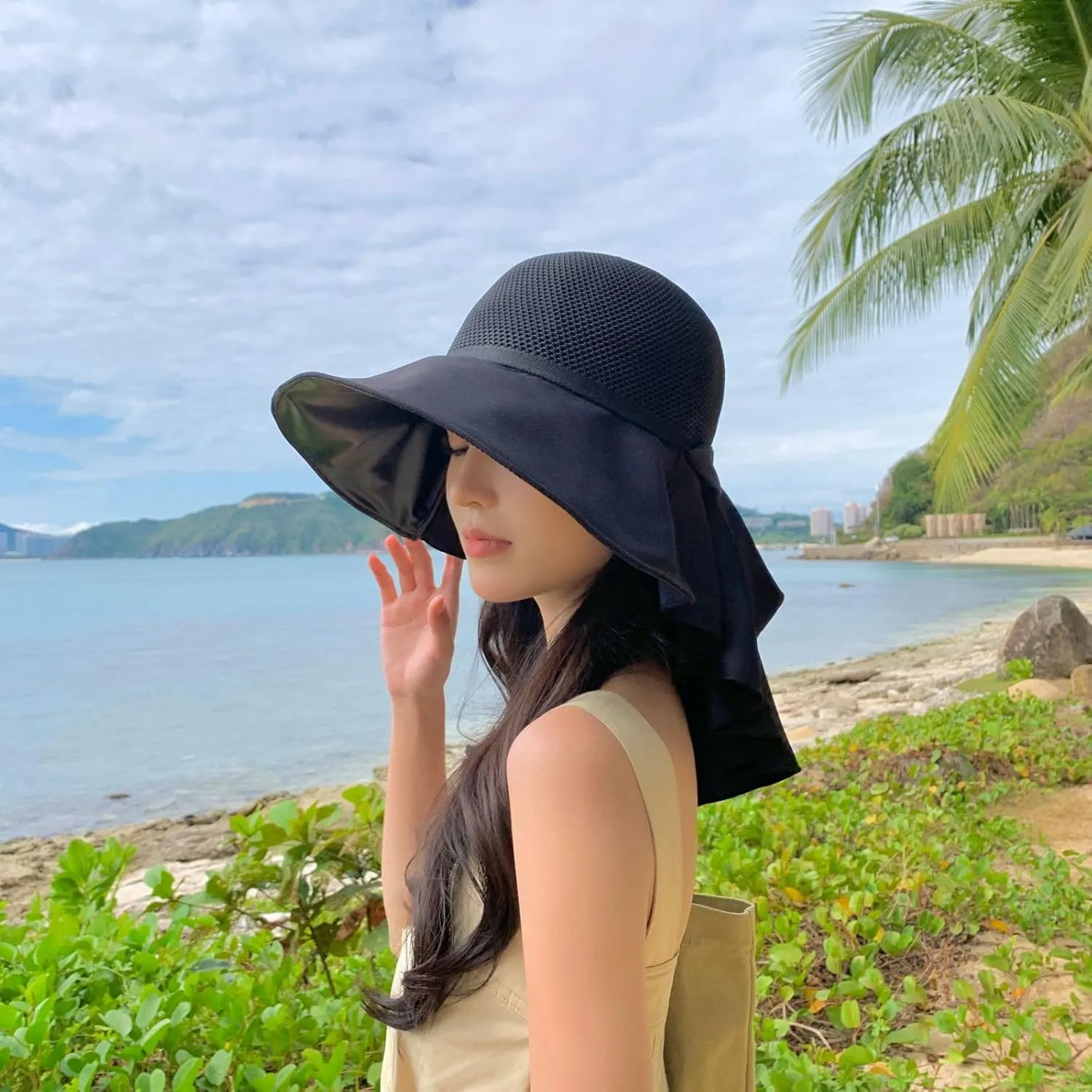 Womens Mesh Breathable Sun Hats UPF50 with Wide Brim Neck Flap Shawl Summer Foldable Cooling Hat Beach Travel Fishing