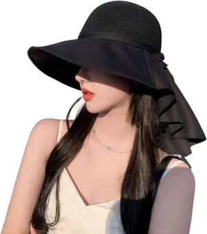 Womens Mesh Breathable Sun Hats UPF50 with Wide Brim Neck Flap Shawl Summer Foldable Cooling Hat Beach Travel Fishing