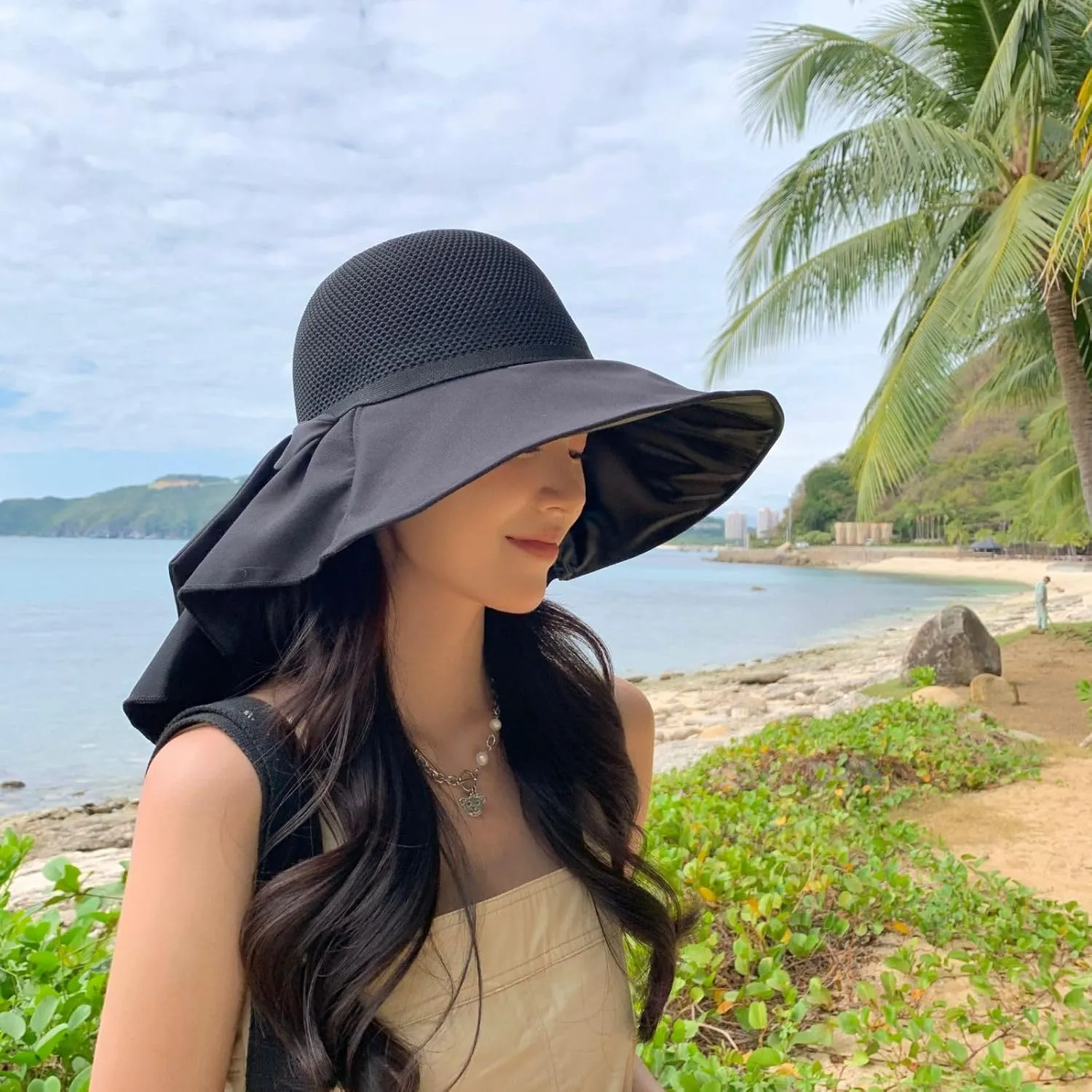 Womens Mesh Breathable Sun Hats UPF50 with Wide Brim Neck Flap Shawl Summer Foldable Cooling Hat Beach Travel Fishing