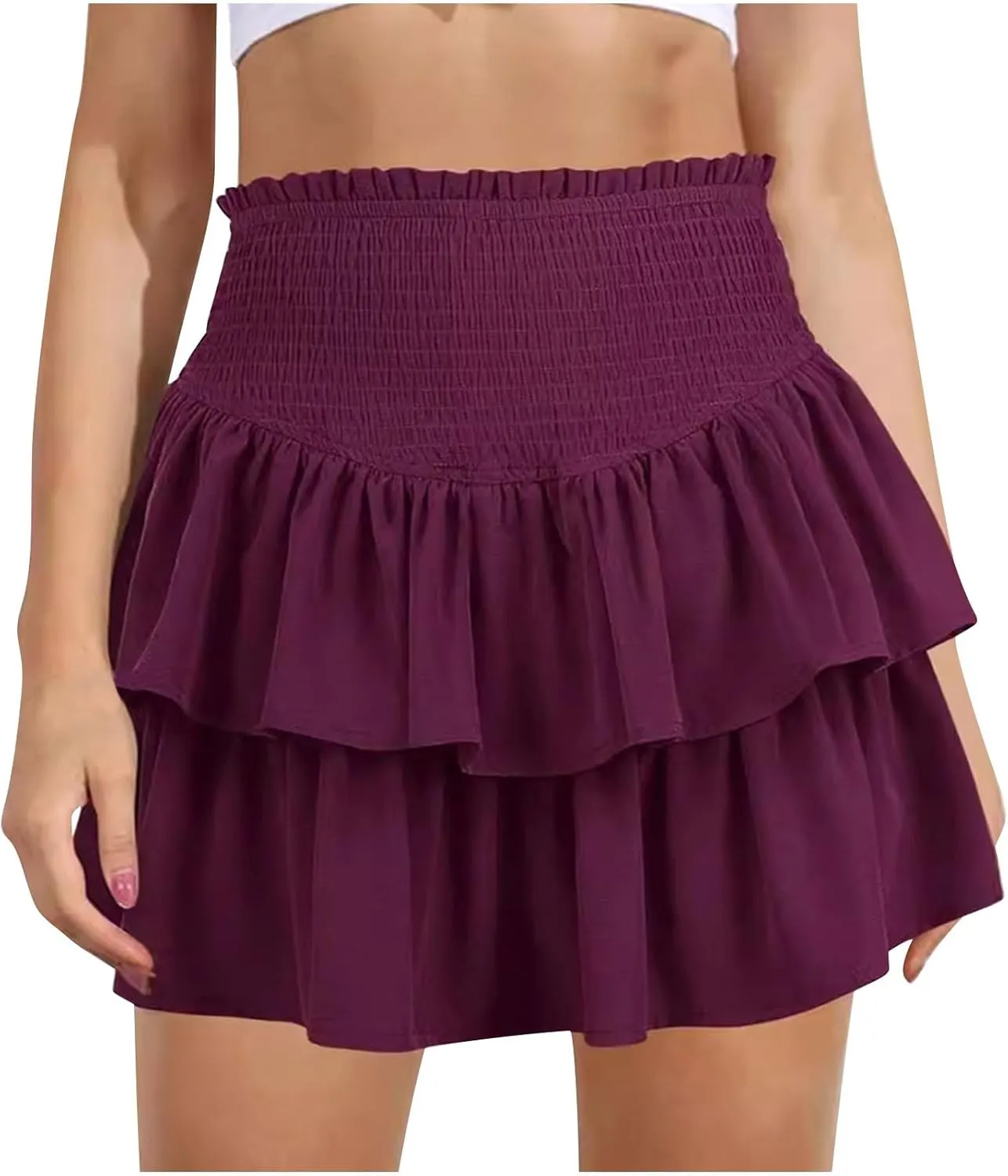 Women's Pleated Skirts High Waisted Layered Ruffle Curvy Hem Tiered Skirt Solid Color Sports Running Skirts