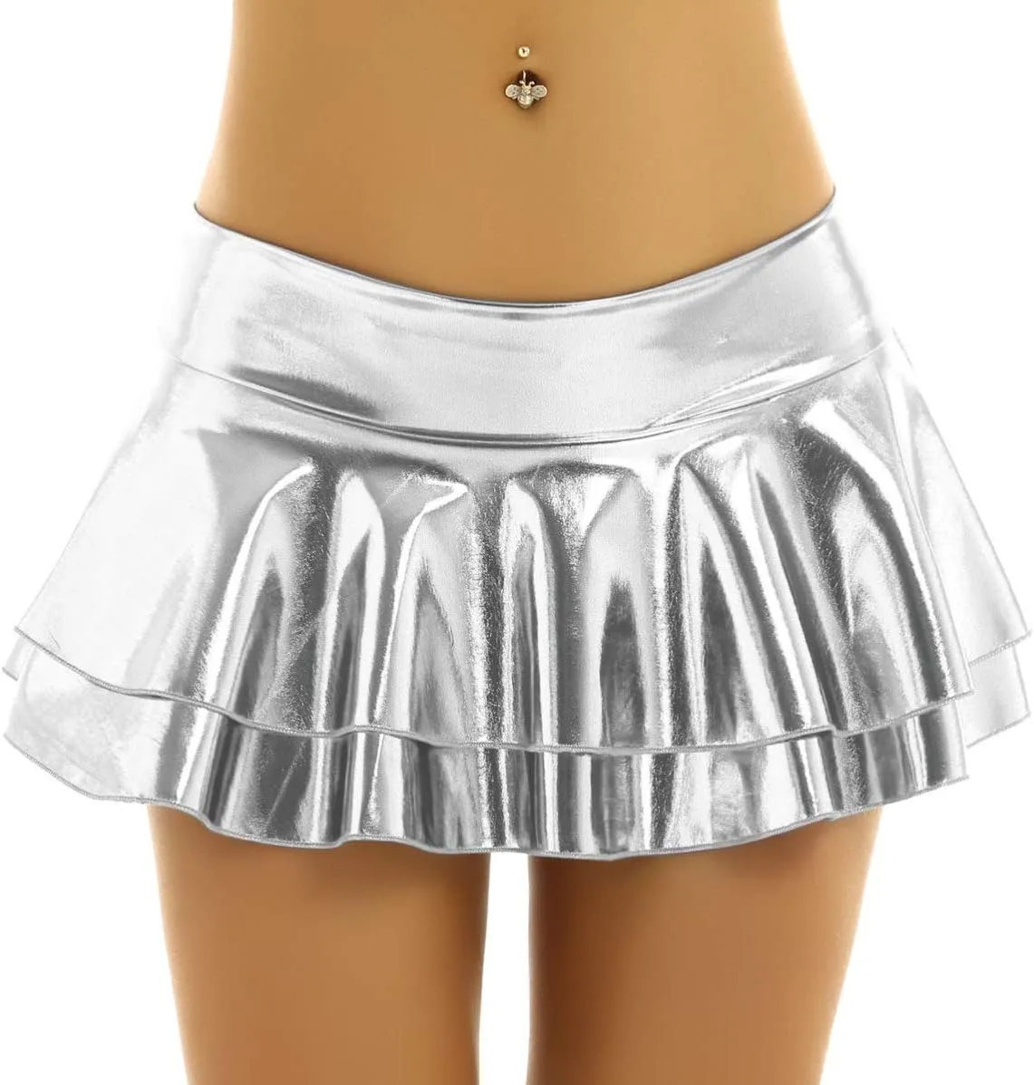 Women's Shiny Metallic Double Layered Ruffle Pleated Mini Skirts Halloween Cosplay Costumes