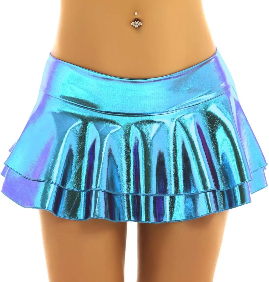 Women's Shiny Metallic Double Layered Ruffle Pleated Mini Skirts Halloween Cosplay Costumes