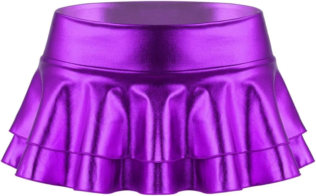Women's Shiny Metallic Double Layered Ruffle Pleated Mini Skirts Halloween Cosplay Costumes