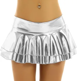 Women's Shiny Metallic Double Layered Ruffle Pleated Mini Skirts Halloween Cosplay Costumes