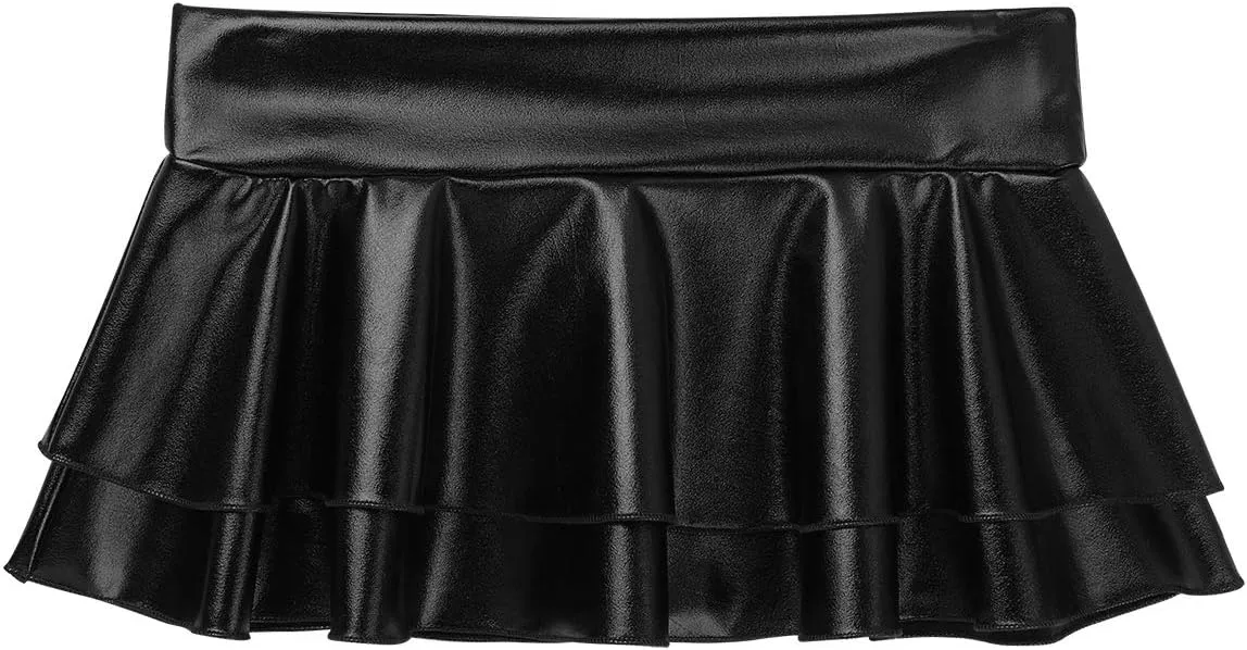 Women's Shiny Metallic Double Layered Ruffle Pleated Mini Skirts Halloween Cosplay Costumes