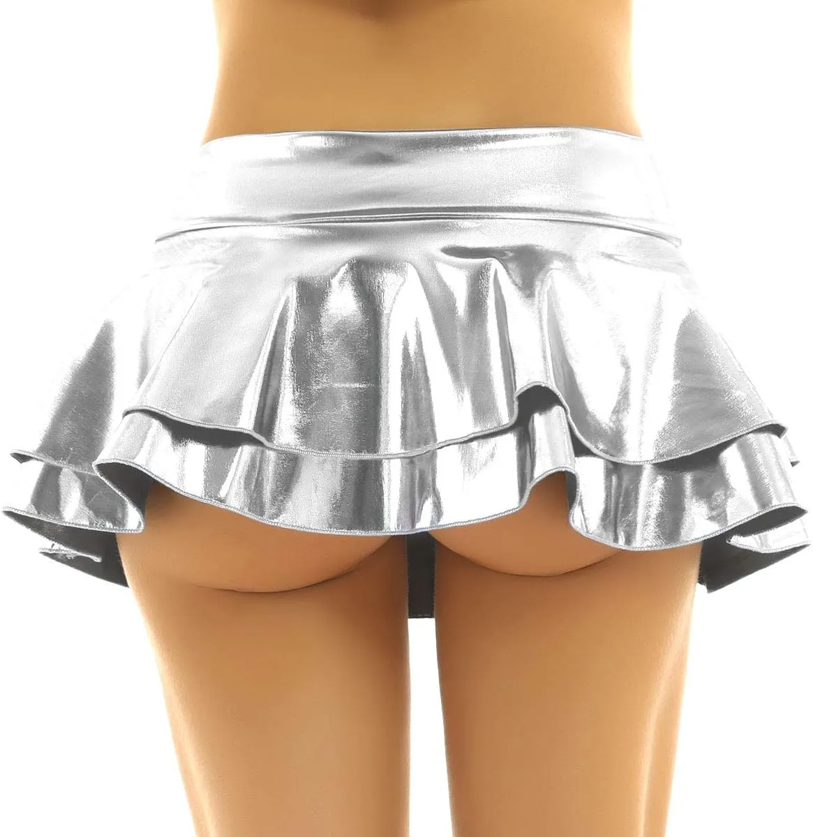 Women's Shiny Metallic Double Layered Ruffle Pleated Mini Skirts Halloween Cosplay Costumes