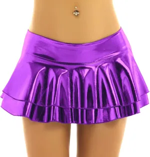 Women's Shiny Metallic Double Layered Ruffle Pleated Mini Skirts Halloween Cosplay Costumes