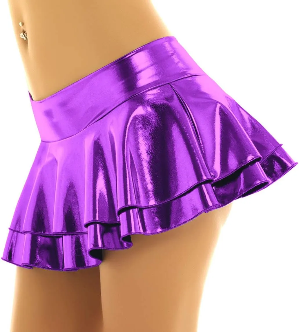 Women's Shiny Metallic Double Layered Ruffle Pleated Mini Skirts Halloween Cosplay Costumes