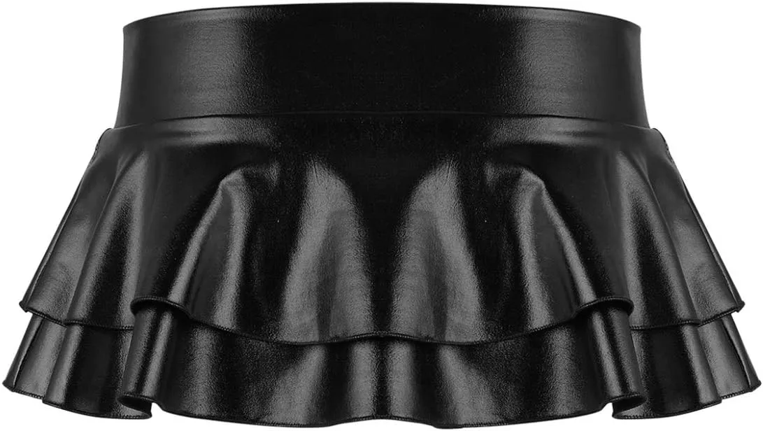 Women's Shiny Metallic Double Layered Ruffle Pleated Mini Skirts Halloween Cosplay Costumes
