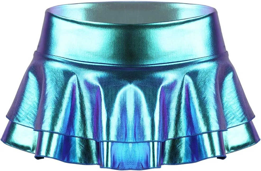 Women's Shiny Metallic Double Layered Ruffle Pleated Mini Skirts Halloween Cosplay Costumes