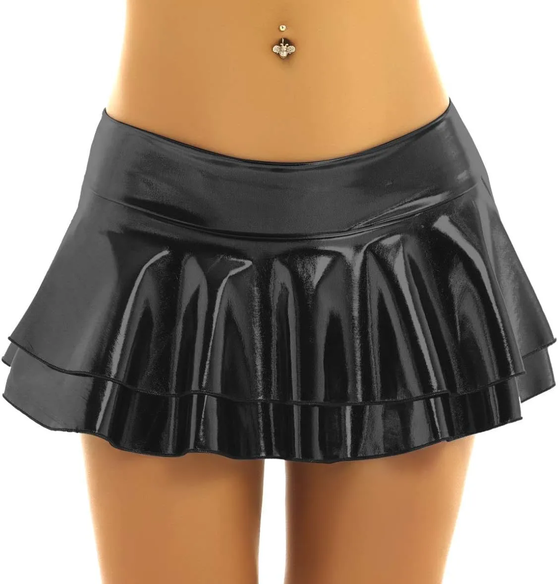 Women's Shiny Metallic Double Layered Ruffle Pleated Mini Skirts Halloween Cosplay Costumes