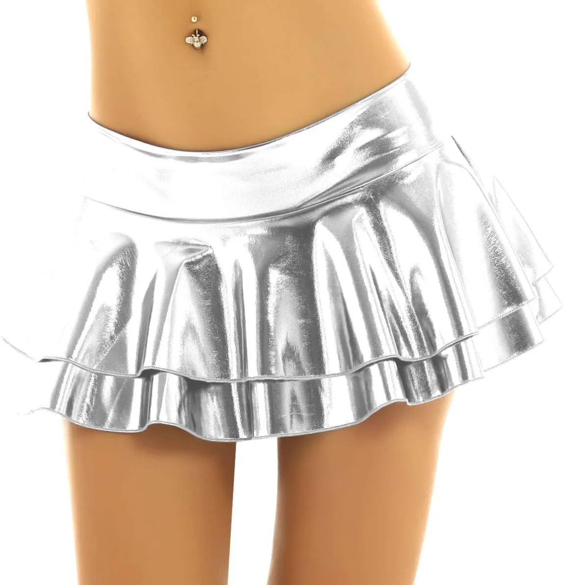 Women's Shiny Metallic Double Layered Ruffle Pleated Mini Skirts Halloween Cosplay Costumes