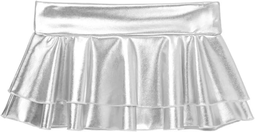 Women's Shiny Metallic Double Layered Ruffle Pleated Mini Skirts Halloween Cosplay Costumes