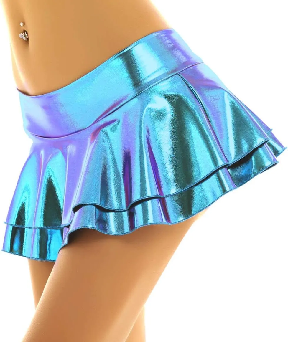 Women's Shiny Metallic Double Layered Ruffle Pleated Mini Skirts Halloween Cosplay Costumes