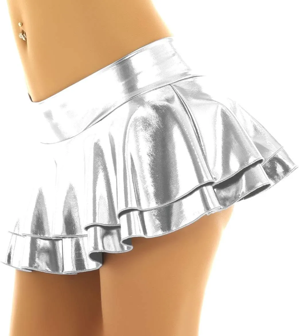 Women's Shiny Metallic Double Layered Ruffle Pleated Mini Skirts Halloween Cosplay Costumes