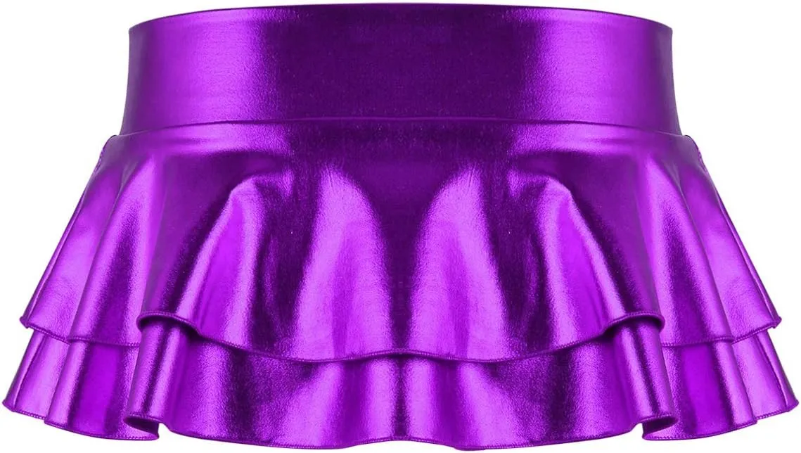 Women's Shiny Metallic Double Layered Ruffle Pleated Mini Skirts Halloween Cosplay Costumes
