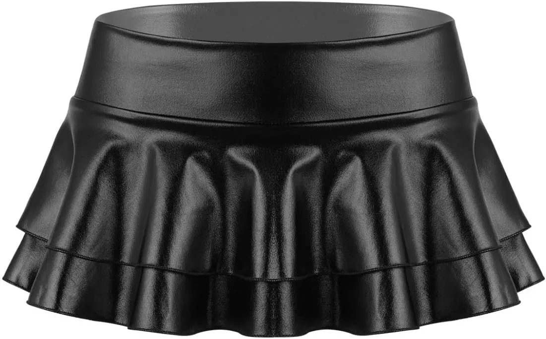 Women's Shiny Metallic Double Layered Ruffle Pleated Mini Skirts Halloween Cosplay Costumes