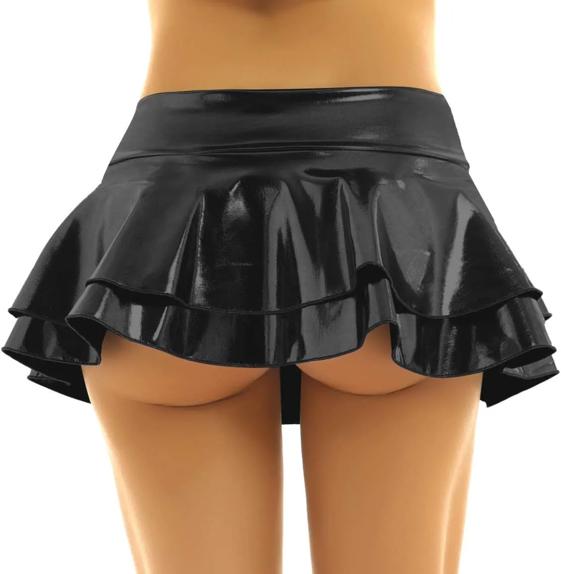 Women's Shiny Metallic Double Layered Ruffle Pleated Mini Skirts Halloween Cosplay Costumes