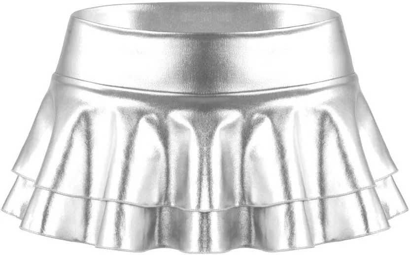 Women's Shiny Metallic Double Layered Ruffle Pleated Mini Skirts Halloween Cosplay Costumes