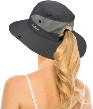 Womens Summer Quick-Dry-Sun-Hat Outdoor - Mesh Wide Brim UV-Protection Beach Fishing Hat with Ponytail Hole Foldable