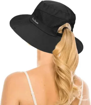 Womens Summer Quick-Dry-Sun-Hat Outdoor - Mesh Wide Brim UV-Protection Beach Fishing Hat with Ponytail Hole Foldable