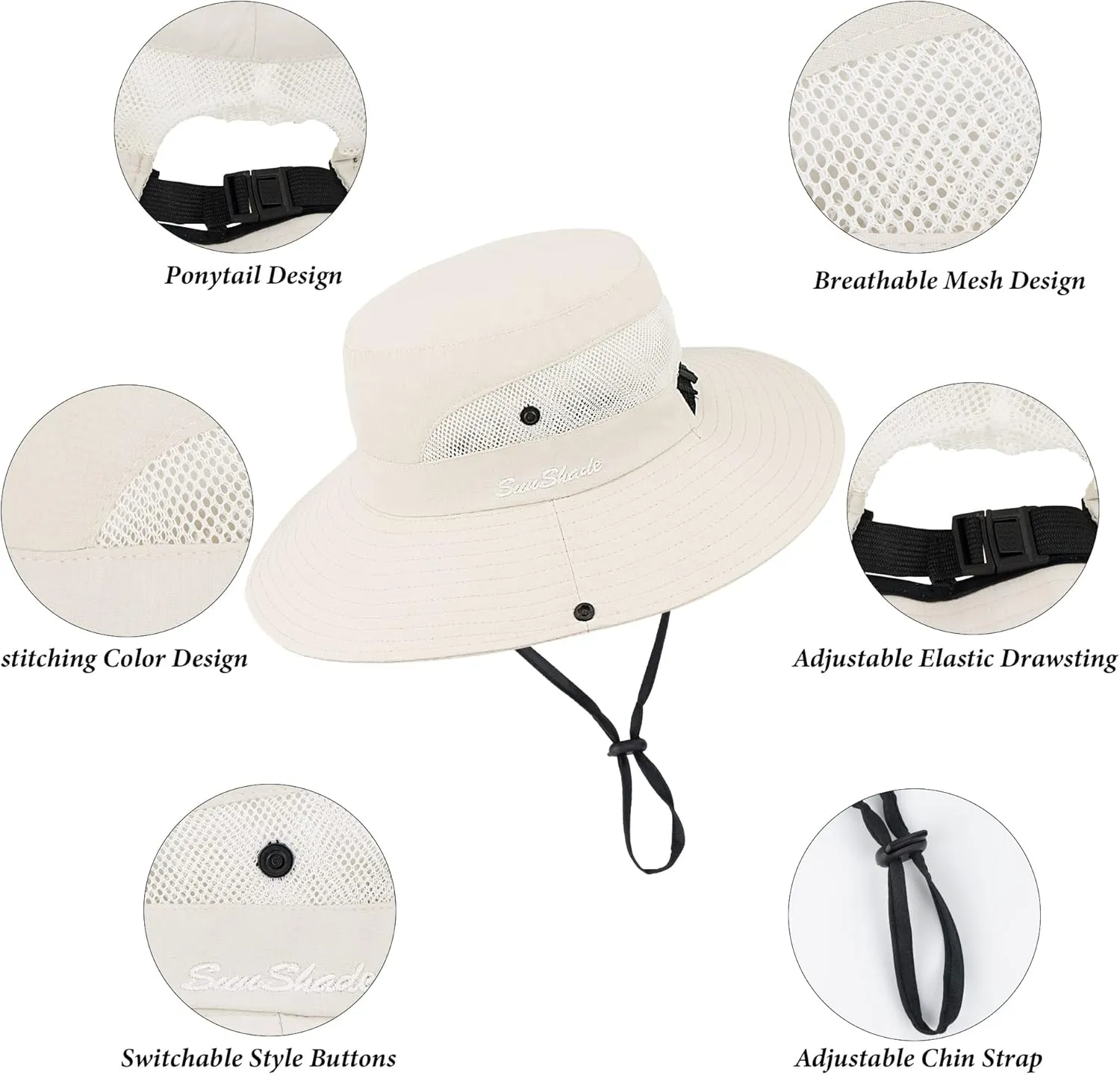 Womens Summer Quick-Dry-Sun-Hat Outdoor - Mesh Wide Brim UV-Protection Beach Fishing Hat with Ponytail Hole Foldable