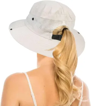 Womens Summer Quick-Dry-Sun-Hat Outdoor - Mesh Wide Brim UV-Protection Beach Fishing Hat with Ponytail Hole Foldable