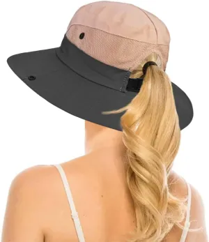 Womens Summer Quick-Dry-Sun-Hat Outdoor - Mesh Wide Brim UV-Protection Beach Fishing Hat with Ponytail Hole Foldable