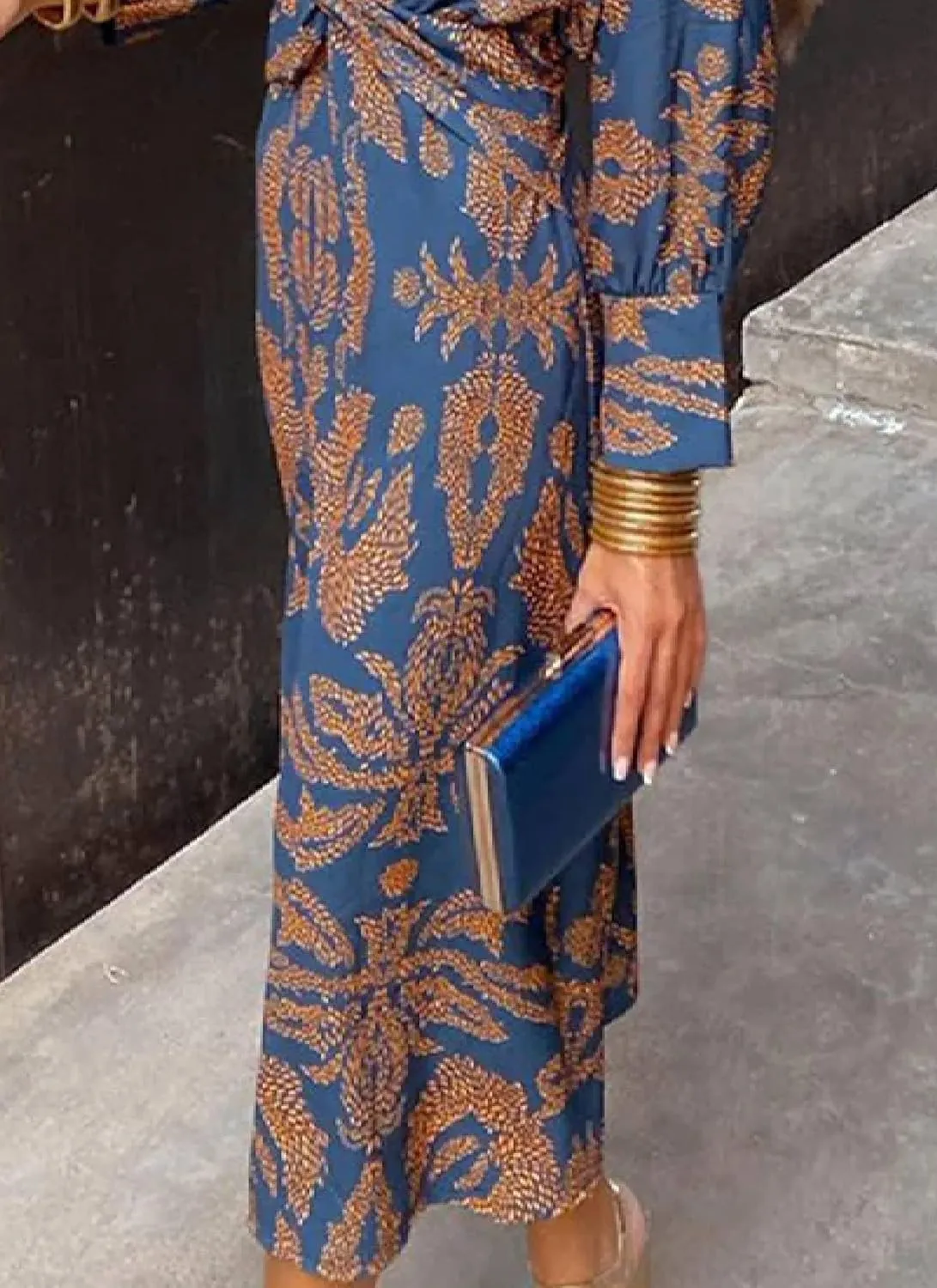 Women's Summer Wrap Around Boho Midi Dress Casual V Neck A Line Dresses Blue Loose Long Sleeve Beach Vacation Outfits
