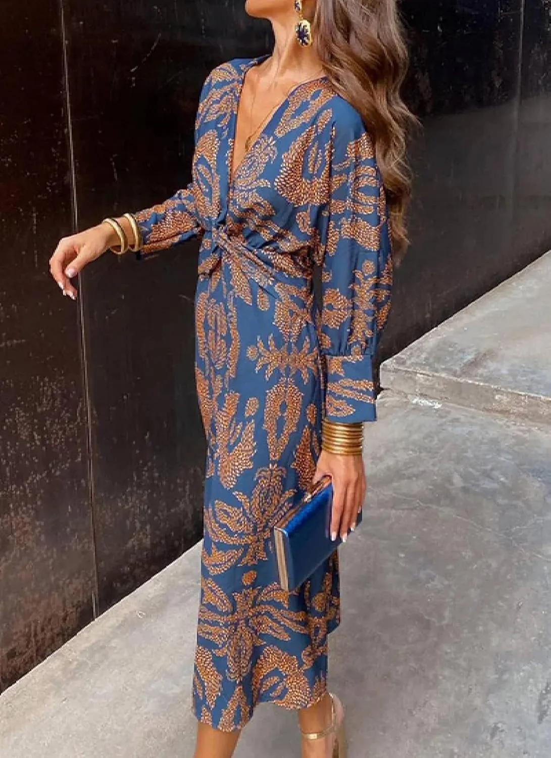 Women's Summer Wrap Around Boho Midi Dress Casual V Neck A Line Dresses Blue Loose Long Sleeve Beach Vacation Outfits