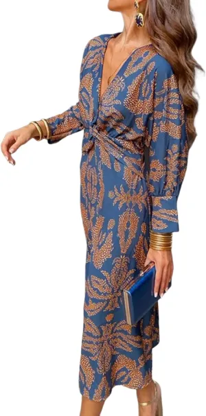 Women's Summer Wrap Around Boho Midi Dress Casual V Neck A Line Dresses Blue Loose Long Sleeve Beach Vacation Outfits