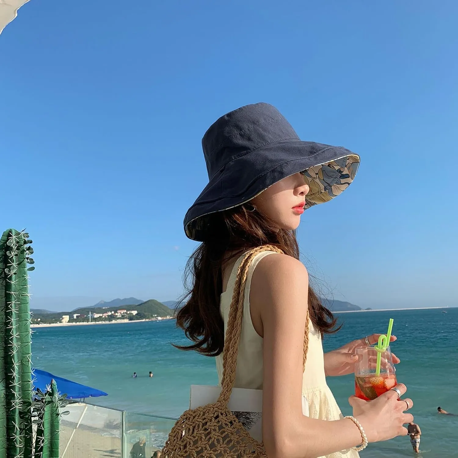Womens Sun Hats UPF 50  with Wide Brim Double Sided Wearable Summer Outdoor Foldable Beach Travel Fishing Hat