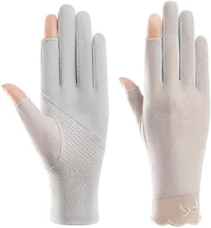 Women's sun protection gloves, thin and breathable elastic lace half finger touch screen gloves