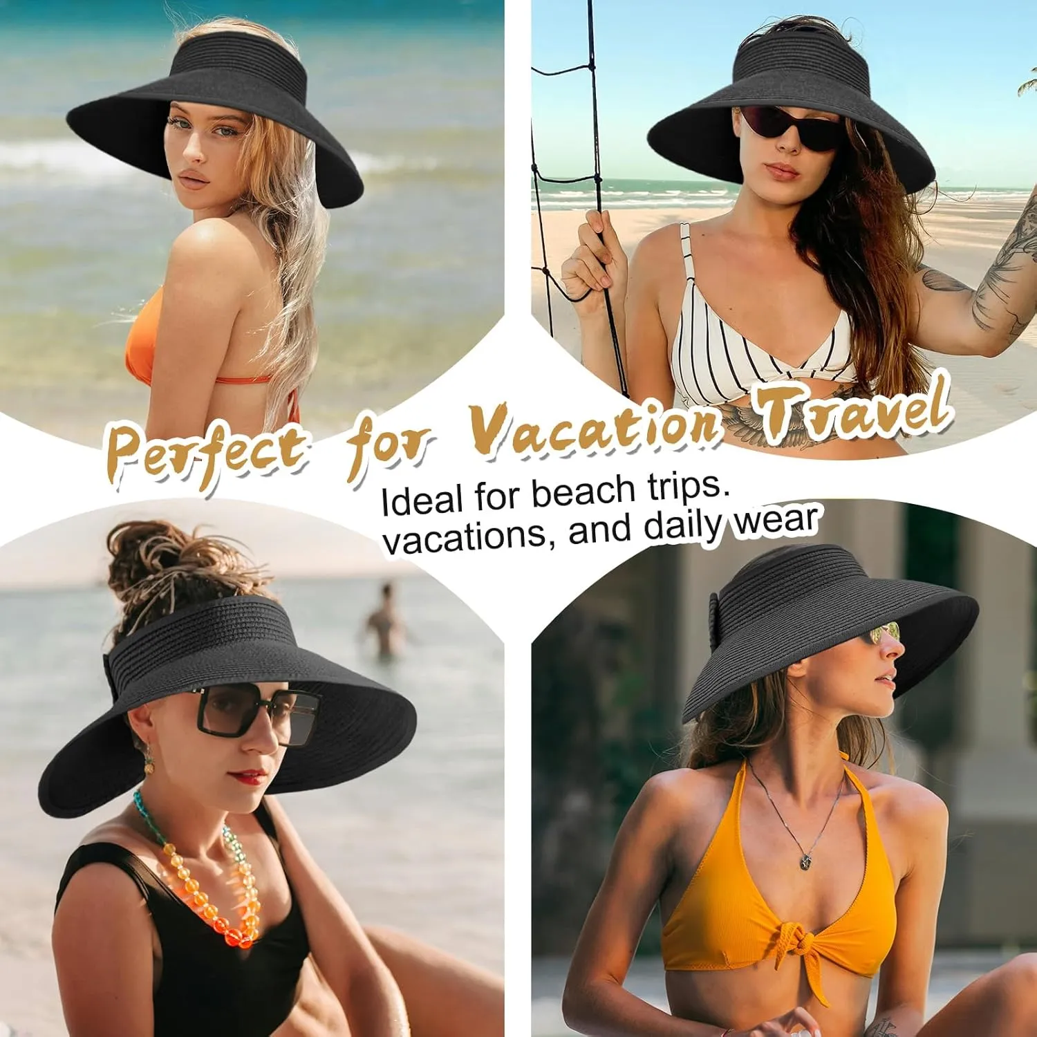 Women's Sun Visor Hats Wide Brim Straw Beach Hat Ponytail Hats for Women Foldable Floppy