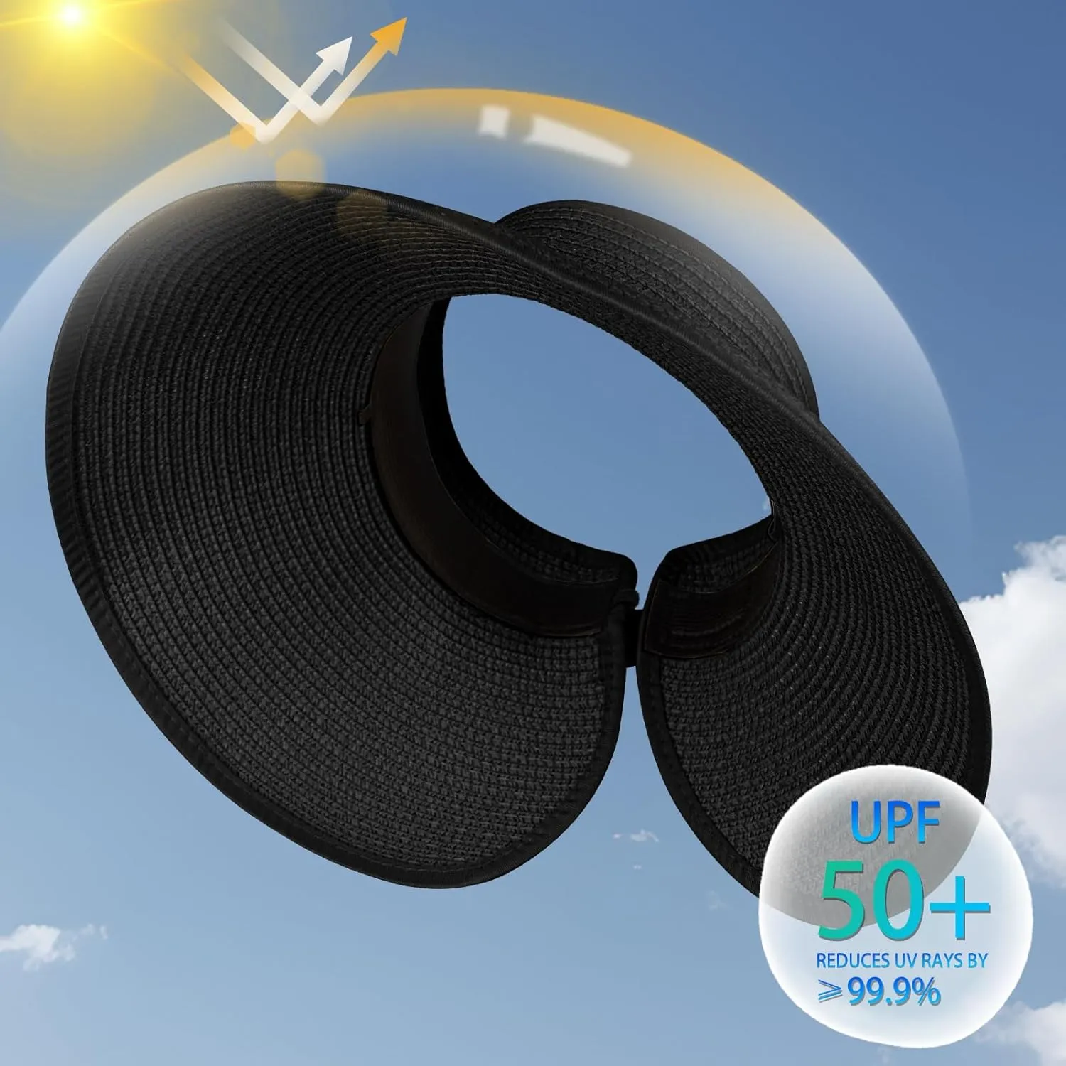 Women's Sun Visor Hats Wide Brim Straw Beach Hat Ponytail Hats for Women Foldable Floppy