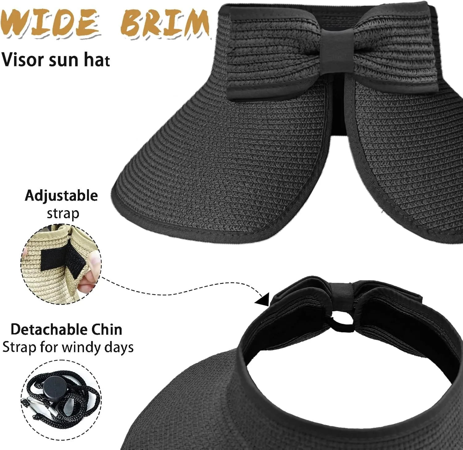 Women's Sun Visor Hats Wide Brim Straw Beach Hat Ponytail Hats for Women Foldable Floppy