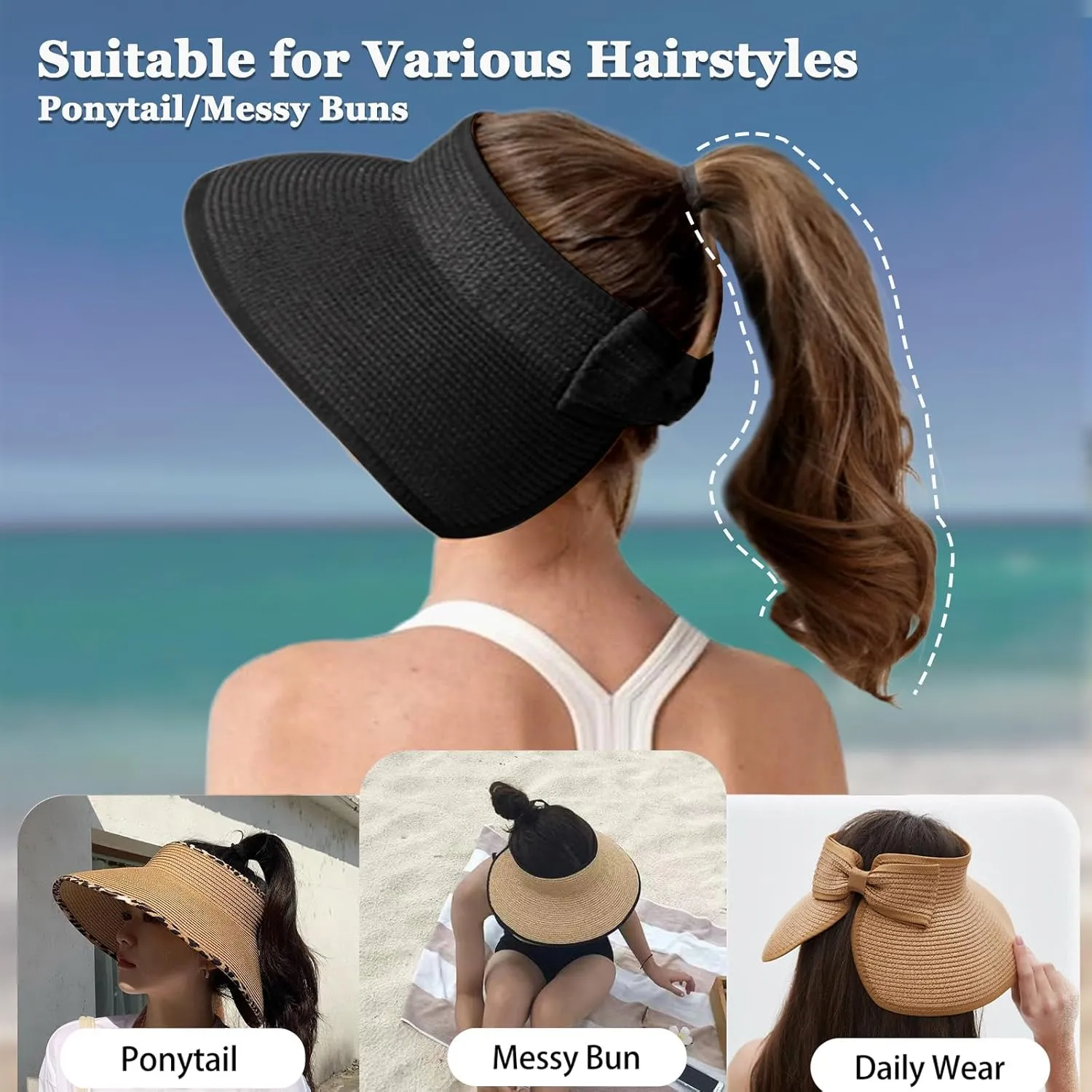 Women's Sun Visor Hats Wide Brim Straw Beach Hat Ponytail Hats for Women Foldable Floppy