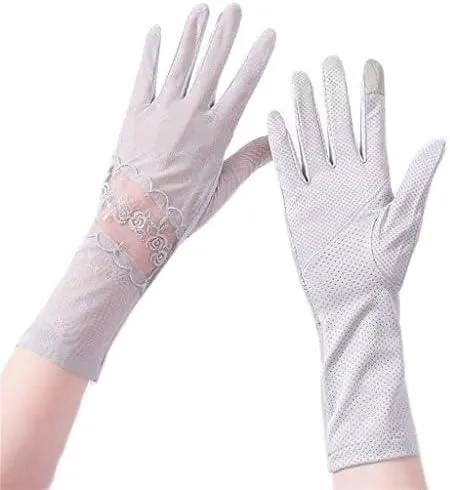 Women's Thin Ice Silk Lengthened Elastic Full Finger Touch Screen Driving Lace Summer Gloves