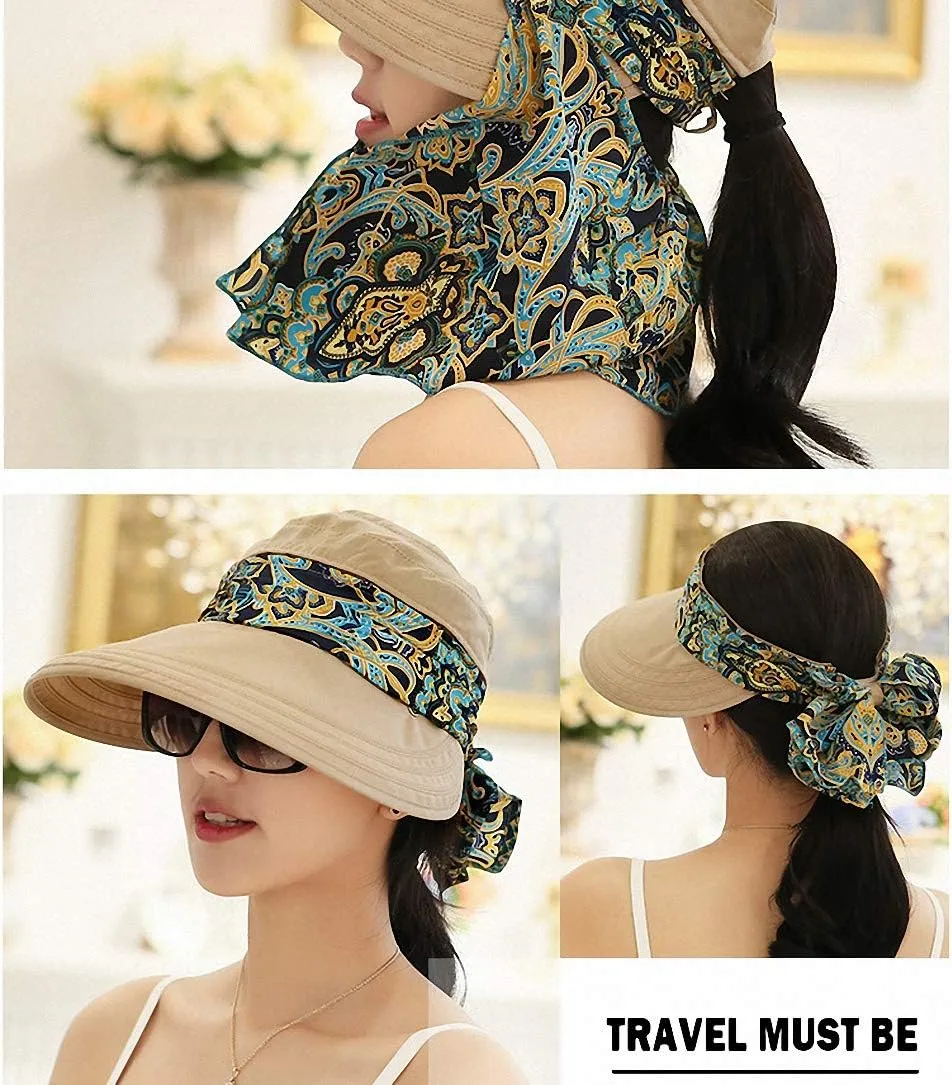 Women's UPF 50 Sun Visor Detachable Flap Hat Foldable Wide Brimmed UV Protection Hat