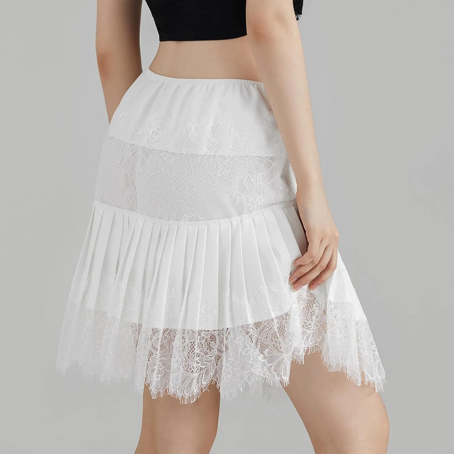 Womens Y2k Tiered Lace Mini Skirt Low Rise Pleated Ruffle Lace Trim Half Slip Skirt Layered Flowy Skirts Underskirt