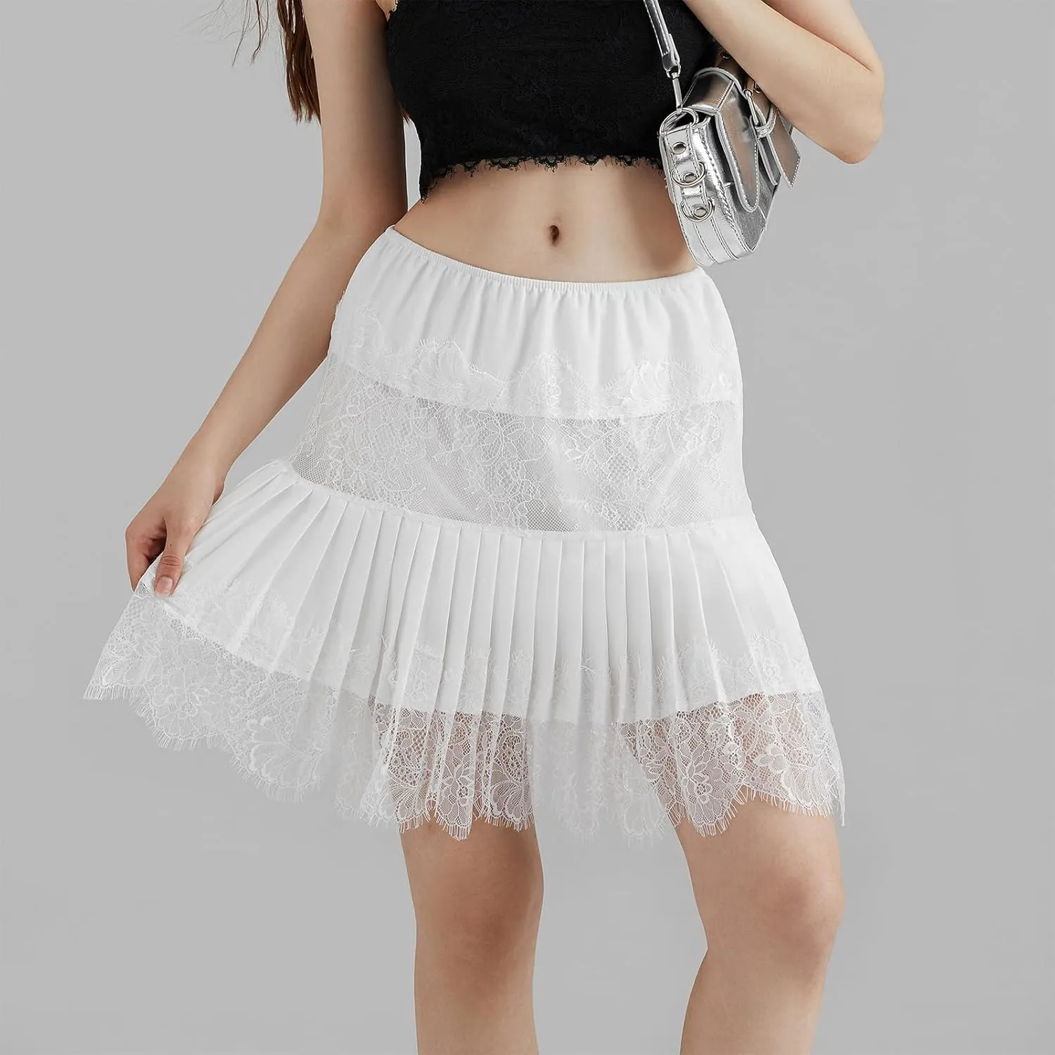 Womens Y2k Tiered Lace Mini Skirt Low Rise Pleated Ruffle Lace Trim Half Slip Skirt Layered Flowy Skirts Underskirt