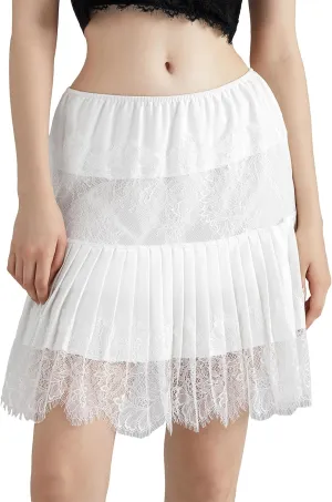 Womens Y2k Tiered Lace Mini Skirt Low Rise Pleated Ruffle Lace Trim Half Slip Skirt Layered Flowy Skirts Underskirt