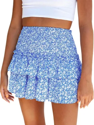 Yimoon Women's Summer High Waist Layered Ruffle Mini Skirt Floral Print Boho Smocked A Line Short Skirt